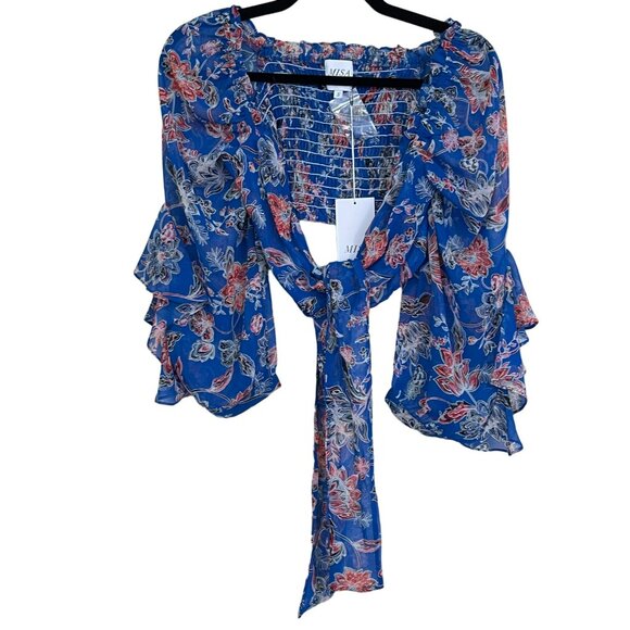 MISA Ancora Floral Tie Crop Top Blouse Blue NWT Size Small - Picture 4 of 8